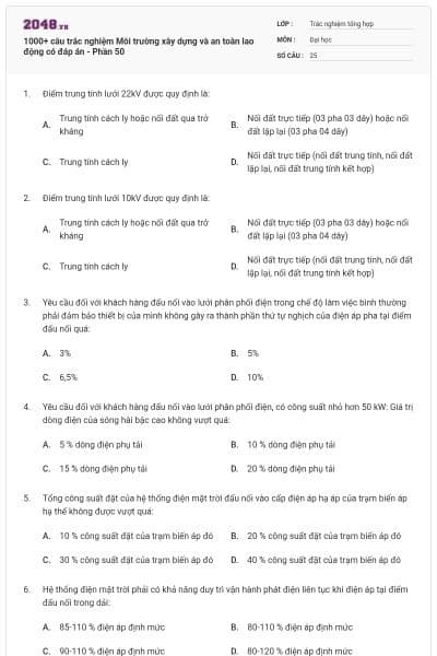 1000+ câu trắc nghiệm Môi trường xây dựng và an toàn lao động có đáp án - Phần 50