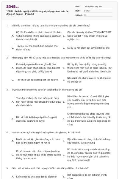 1000+ câu trắc nghiệm Môi trường xây dựng và an toàn lao động có đáp án - Phần 53