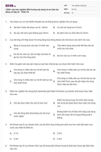 1000+ câu trắc nghiệm Môi trường xây dựng và an toàn lao động có đáp án - Phần 54