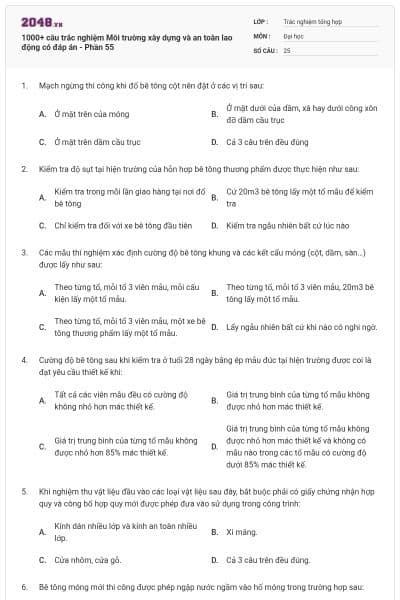 1000+ câu trắc nghiệm Môi trường xây dựng và an toàn lao động có đáp án - Phần 55