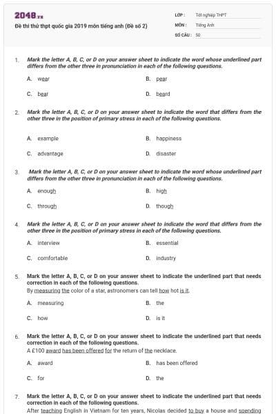 Đề thi thử thpt quốc gia 2019 môn tiếng anh (Đề số 2)