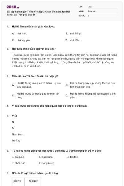 Bài tập hàng ngày Tiếng Việt lớp 3 Chân trời sáng tạo Bài 1: Hai Bà Trưng có đáp án