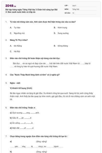 Bài tập hàng ngày Tiếng Việt lớp 3 Chân trời sáng tạo Bài 3: Non xanh nước biếc có đáp án