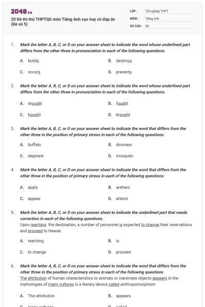 20 Đề thi thử THPTQG môn Tiếng Anh cực hay có đáp án (Đề số 5)