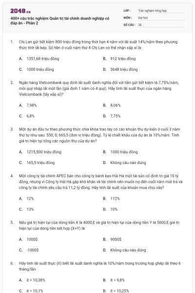 400+ câu trắc nghiệm Quản trị tài chính doanh nghiệp có đáp án - Phần 2
