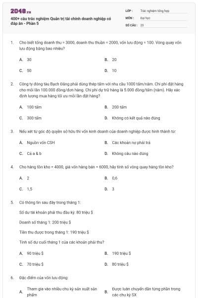 400+ câu trắc nghiệm Quản trị tài chính doanh nghiệp có đáp án - Phần 5