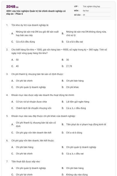 400+ câu trắc nghiệm Quản trị tài chính doanh nghiệp có đáp án - Phần 6