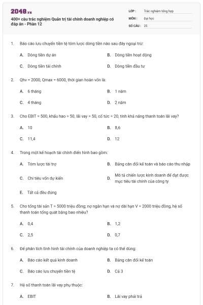 400+ câu trắc nghiệm Quản trị tài chính doanh nghiệp có đáp án - Phần 12