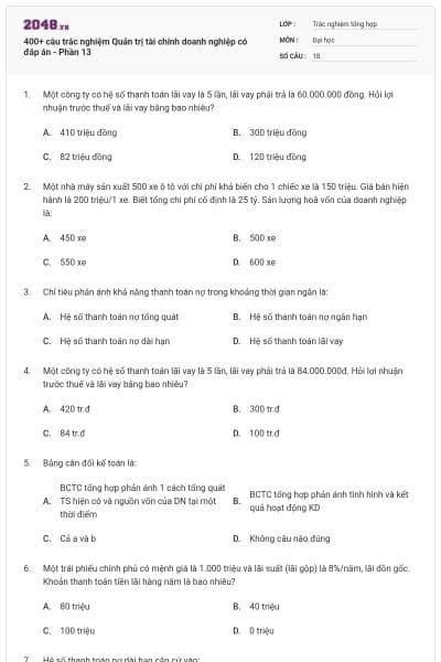 400+ câu trắc nghiệm Quản trị tài chính doanh nghiệp có đáp án - Phần 13