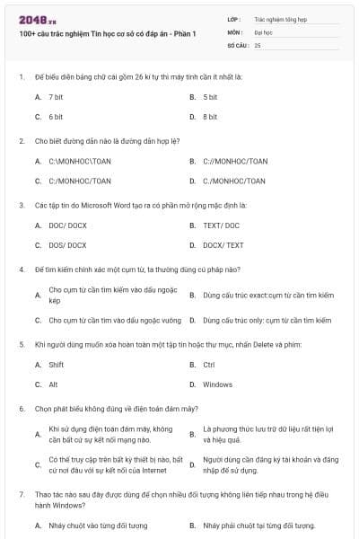 100+ câu trắc nghiệm Tin học cơ sở có đáp án - Phần 1