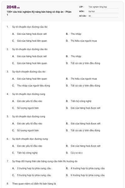 100+ câu trắc nghiệm Kỹ năng bán hàng có đáp án - Phần 1