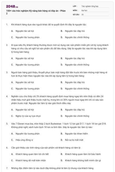 100+ câu trắc nghiệm Kỹ năng bán hàng có đáp án - Phần 2