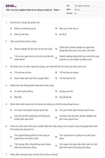 100+ câu trắc nghiệm Kinh tế lao động có đáp án - Phần 1