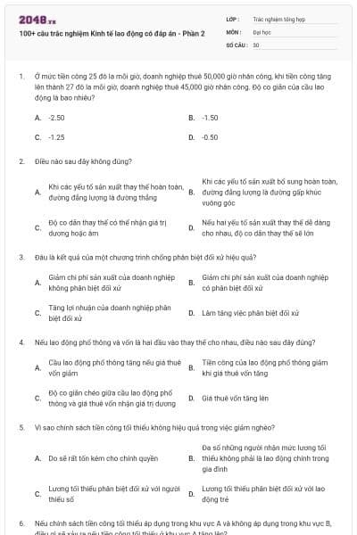 100+ câu trắc nghiệm Kinh tế lao động có đáp án - Phần 2