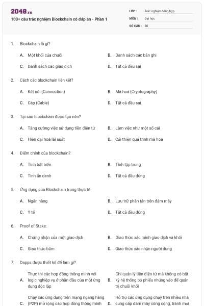 100+ câu trắc nghiệm Blockchain có đáp án - Phần 1
