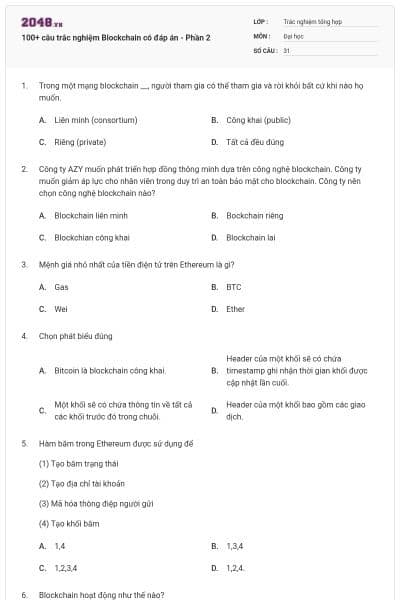 100+ câu trắc nghiệm Blockchain có đáp án - Phần 2