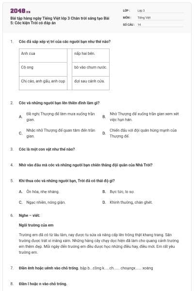 Bài tập hàng ngày Tiếng Việt lớp 3 Chân trời sáng tạo Bài 5: Cóc kiện Trời có đáp án