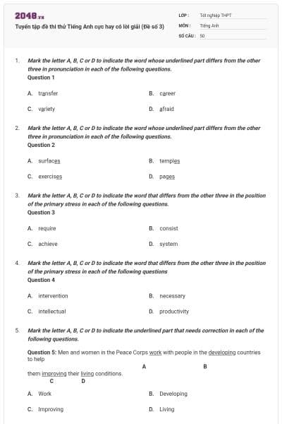 Tuyển tập đề thi thử Tiếng Anh cực hay có lời giải (Đề số 3)