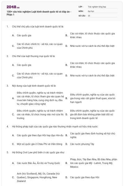 100+ câu trắc nghiệm Luật kinh doanh quốc tế có đáp án - Phần 1