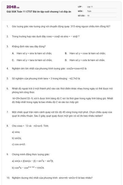 Giải SGK Toán 11 CTST Bài ôn tập cuối chương I có đáp án