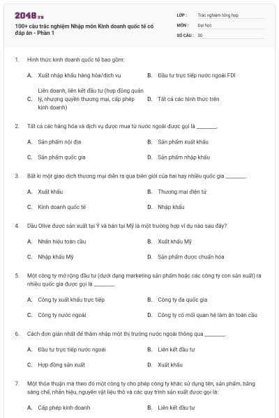 100+ câu trắc nghiệm Nhập môn Kinh doanh quốc tế có đáp án - Phần 1