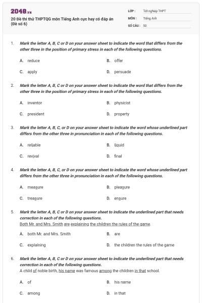 20 Đề thi thử THPTQG môn Tiếng Anh cực hay có đáp án (Đề số 6)