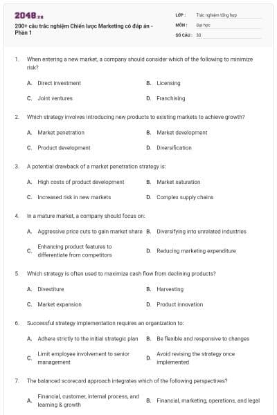 200+ câu trắc nghiệm Chiến lược Marketing có đáp án - Phần 1