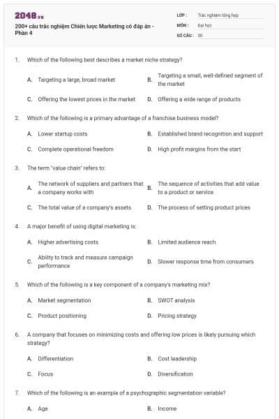 200+ câu trắc nghiệm Chiến lược Marketing có đáp án - Phần 4