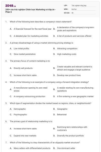 200+ câu trắc nghiệm Chiến lược Marketing có đáp án - Phần 6
