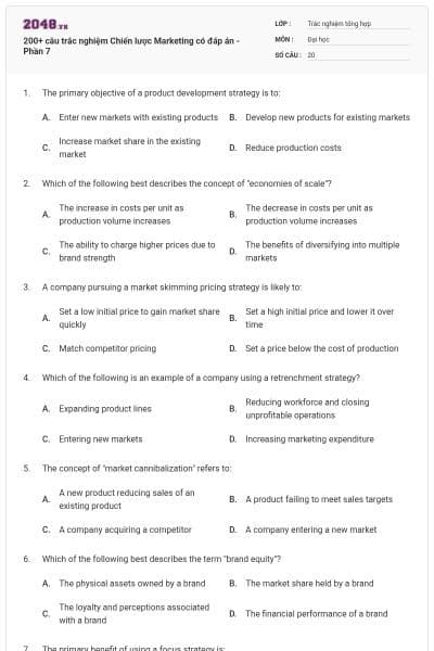 200+ câu trắc nghiệm Chiến lược Marketing có đáp án - Phần 7