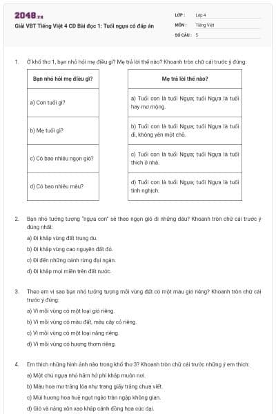 Giải VBT Tiếng Việt 4 CD Bài đọc 1: Tuổi ngựa có đáp án