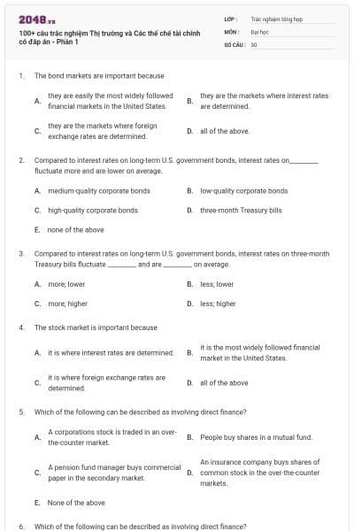 100+ câu trắc nghiệm Thị trường và Các thể chế tài chính có đáp án - Phần 1