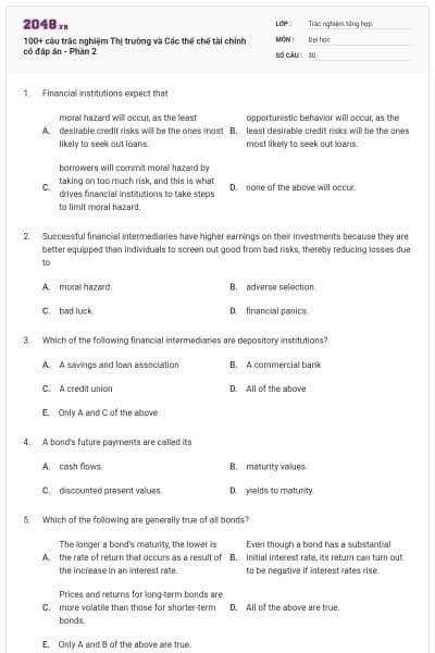 100+ câu trắc nghiệm Thị trường và Các thể chế tài chính có đáp án - Phần 2