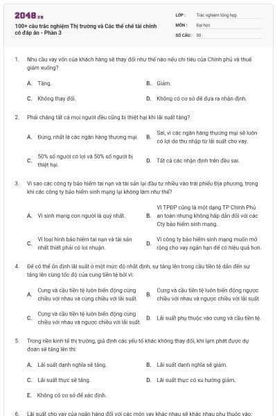 100+ câu trắc nghiệm Thị trường và Các thể chế tài chính có đáp án - Phần 3