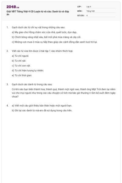 Giải VBT Tiếng Việt 4 CD Luyện từ và câu: Danh từ có đáp án