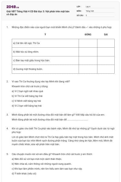 Giải VBT Tiếng Việt 4 CD Bài đọc 3: Vệt phấn trên mặt bàn có đáp án