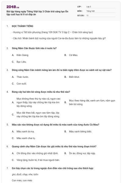 Bài tập hàng ngày Tiếng Việt lớp 3 Chân trời sáng tạo Ôn tập cuối học kì II có đáp án