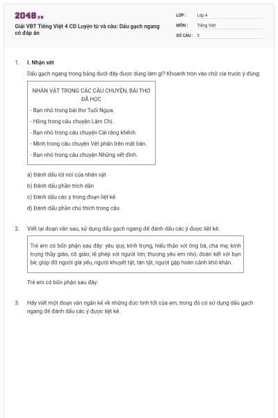 Giải VBT Tiếng Việt 4 CD Luyện từ và câu: Dấu gạch ngang có đáp án