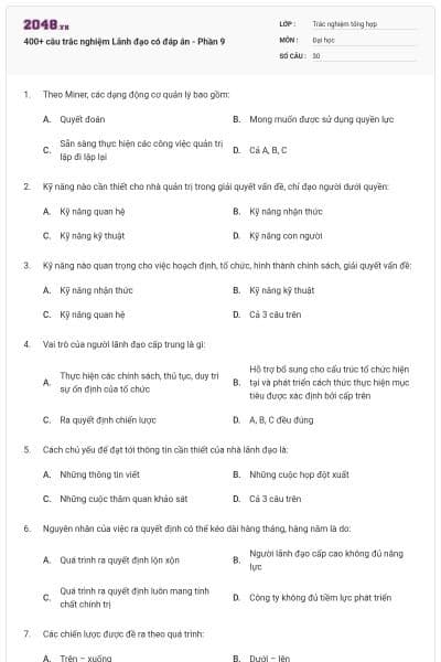 400+ câu trắc nghiệm Lãnh đạo có đáp án - Phần 9