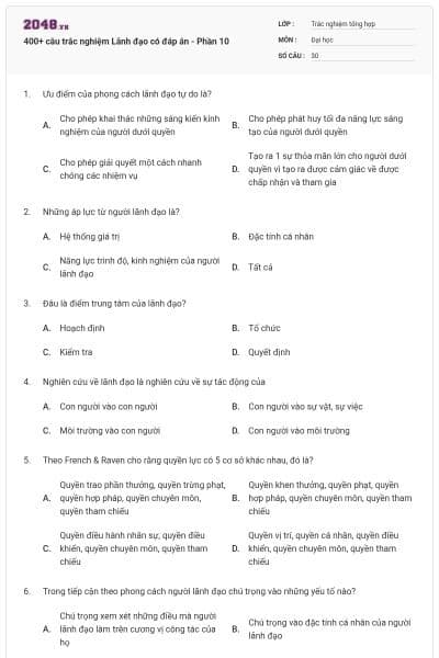 400+ câu trắc nghiệm Lãnh đạo có đáp án - Phần 10