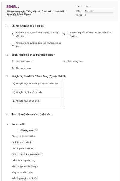 Bài tập hàng ngày Tiếng Việt lớp 3 Kết nối tri thức Bài 1: Ngày gặp lại có đáp án