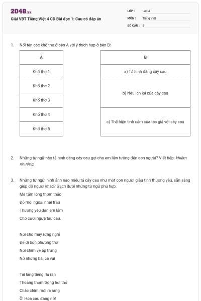 Giải VBT Tiếng Việt 4 CD Bài đọc 1: Cau có đáp án