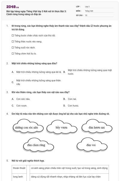 Bài tập hàng ngày Tiếng Việt lớp 3 Kết nối tri thức Bài 3: Cánh rừng trong nắng có đáp án