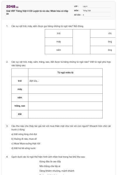 Giải VBT Tiếng Việt 4 CD Luyện từ và câu: Nhân hóa có đáp án