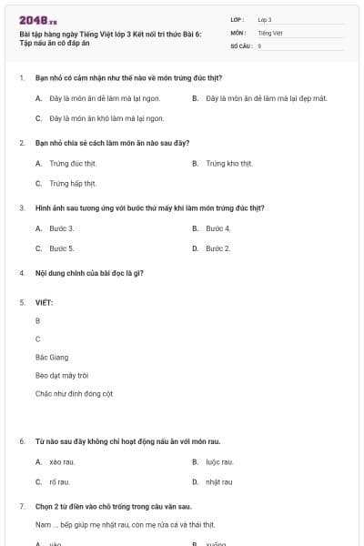 Bài tập hàng ngày Tiếng Việt lớp 3 Kết nối tri thức Bài 6: Tập nấu ăn có đáp án