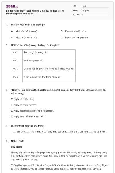 Bài tập hàng ngày Tiếng Việt lớp 3 Kết nối tri thức Bài 7: Mùa hè lấp lánh có đáp án