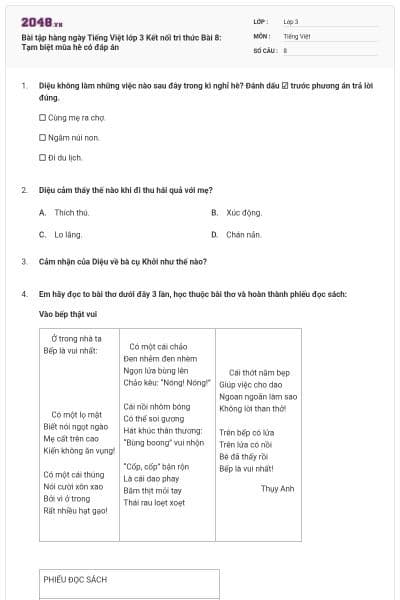Bài tập hàng ngày Tiếng Việt lớp 3 Kết nối tri thức Bài 8: Tạm biệt mùa hè có đáp án