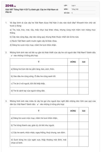 Giải VBT Tiếng Việt 4 CD Tự đánh giá: Cây tre Việt Nam có đáp án