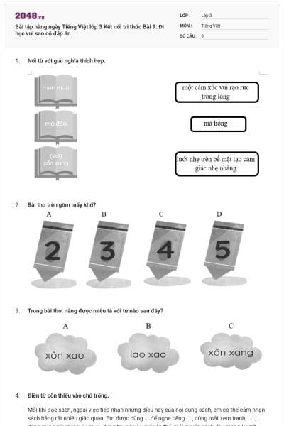 Bài tập hàng ngày Tiếng Việt lớp 3 Kết nối tri thức Bài 9: Đi học vui sao có đáp án