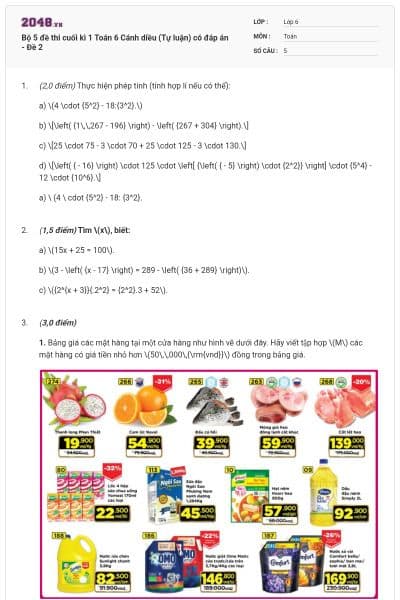 Bộ 5 đề thi cuối kì 1 Toán 6 Cánh diều (Tự luận) có đáp án - Đề 2